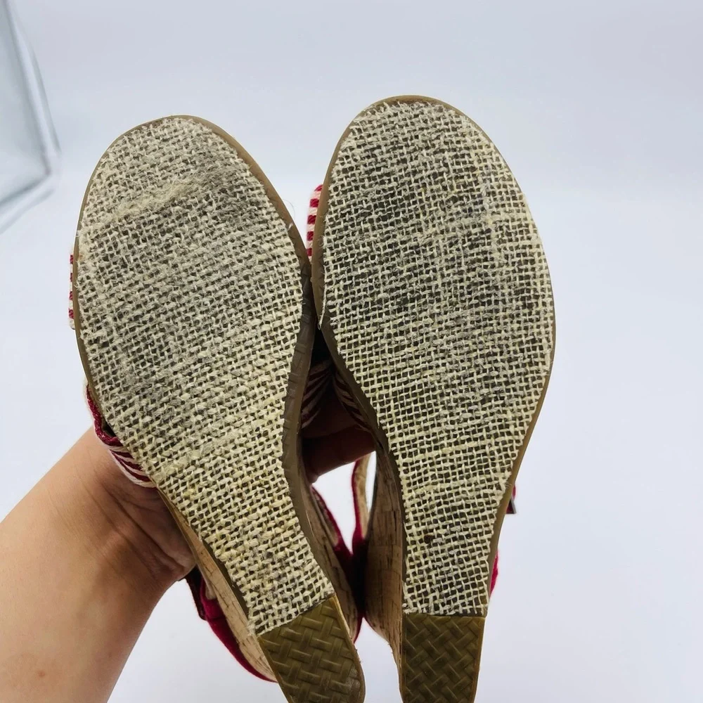 TOMS Multi Strap Red Striped Cork Wedges
